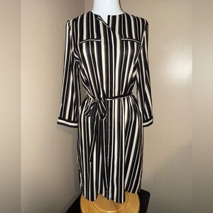 LOFT Black and Off-White Long Sleeve Striped Dress